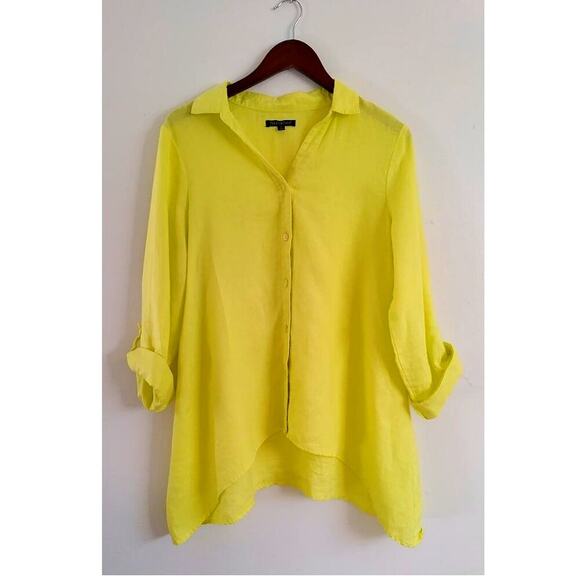 For Cynthia 100% Linen Yellow Neon Button Down Shirt Size M Legenlook Minimalist - Picture 1 of 7
